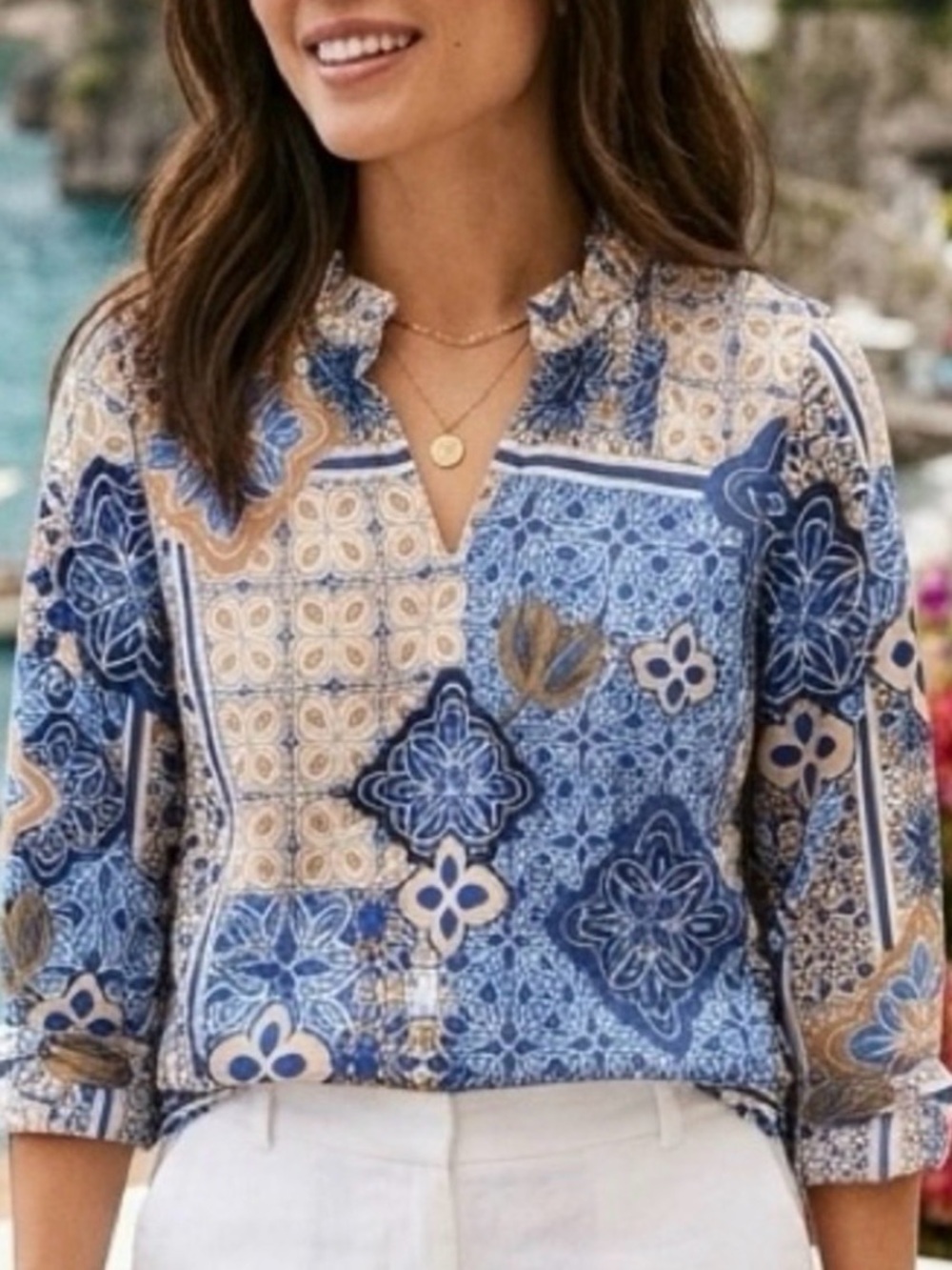 Talbots Petite Blue Tile Mosaic Poplin Cotton Casablanca Blouse Boho Preppy